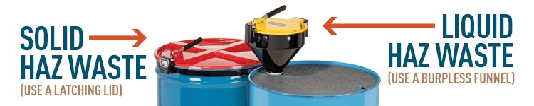 Red latching drum lid on top of a blue 55 gallon drum and a burpless funnel on top of a blue 55 gallon drum