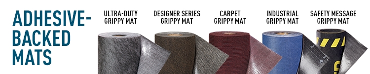 Each type of grippy mat roll side by side across image on white background.