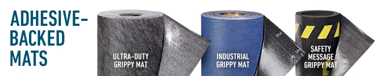 Each type of grippy mat roll side by side across image on white background.