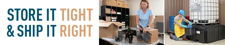 Images of employees packing various liquid industrial supplies.