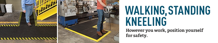 Images of employees standing on yellow-border safety mats.