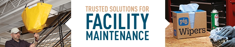 Headline of TRUSTED SOLUTIONS FOR FACILITY MAINTENANCE with pics of wipes and leak diverter.