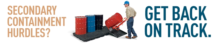 Worker dollying drum up ramp onto deck with words CONTAINMENT HURDLES? GET BACK ON TRACK.