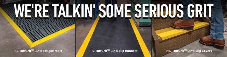 Three panels showing TuffGrit™ anti-fatigue mat, runner and step cover.